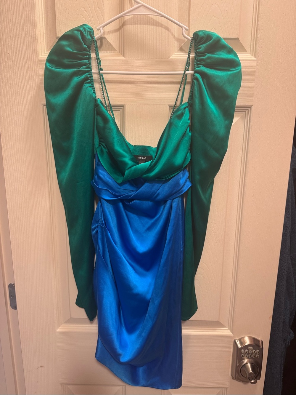 The Bar Emerald Green & Cobalt Blue Satin Draped Mini Dress